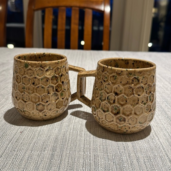 Other - Hand glazed ceramic mugs (2) honeycomb with square handles.Gorgeous Carmel color